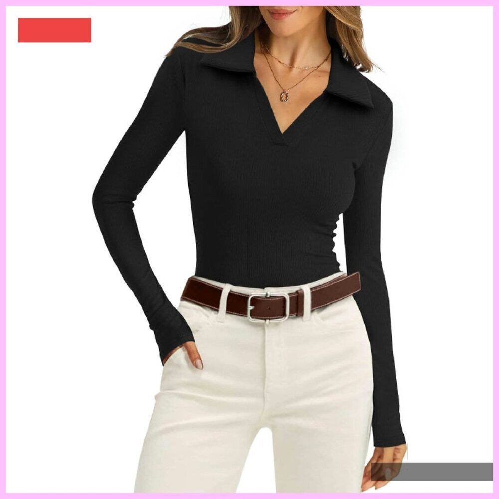 Long Sleeve Polo Blouse Ribbed Knit V Neck Slim Fit Business Casual